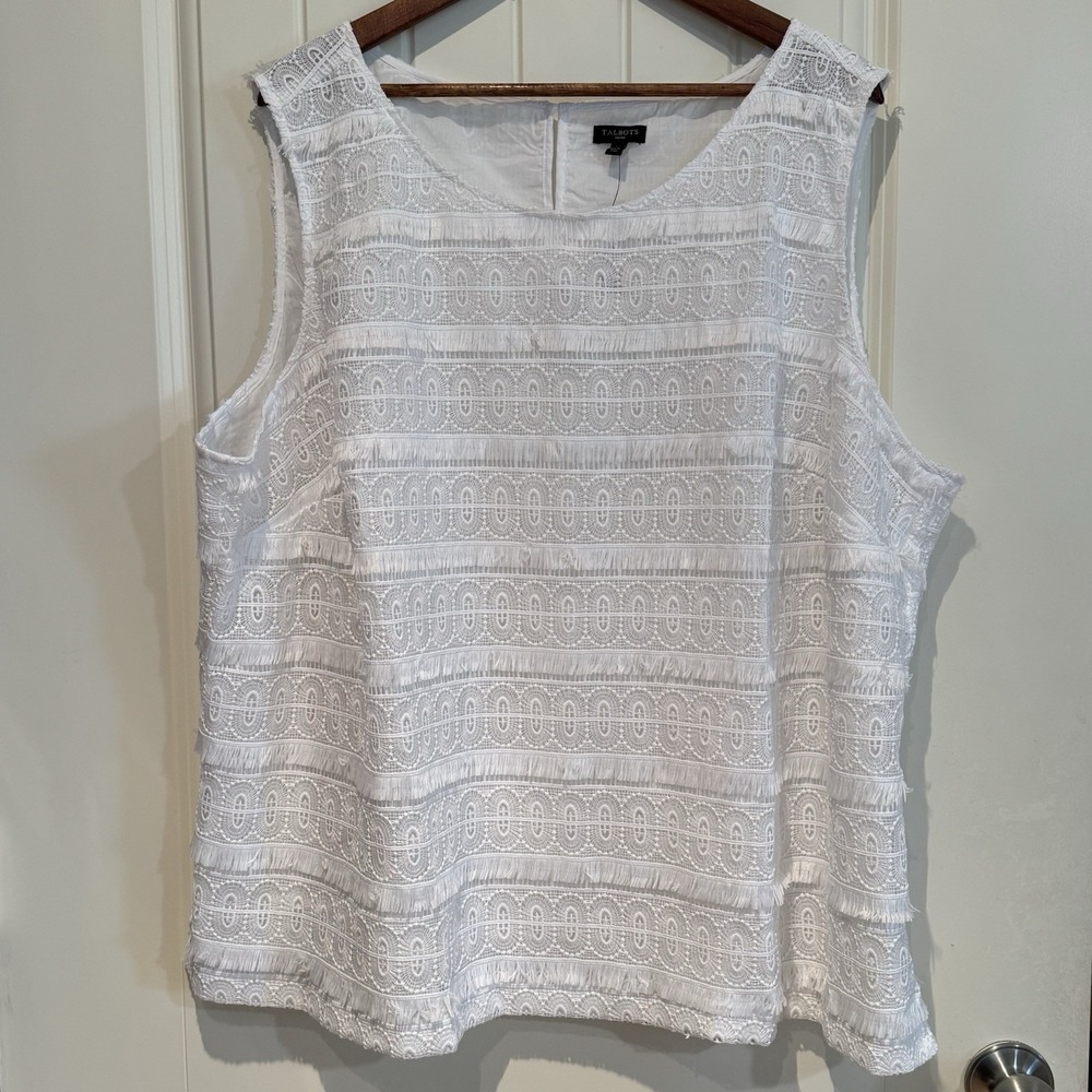 Talbots White Lace Tank Top 24W Sleeveless Boho Fringe Eyelet Plus NWT